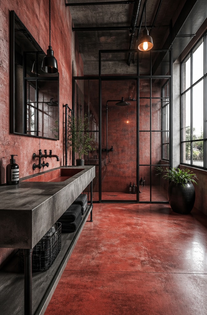 Industrial Red Concrete Bathroom Loft