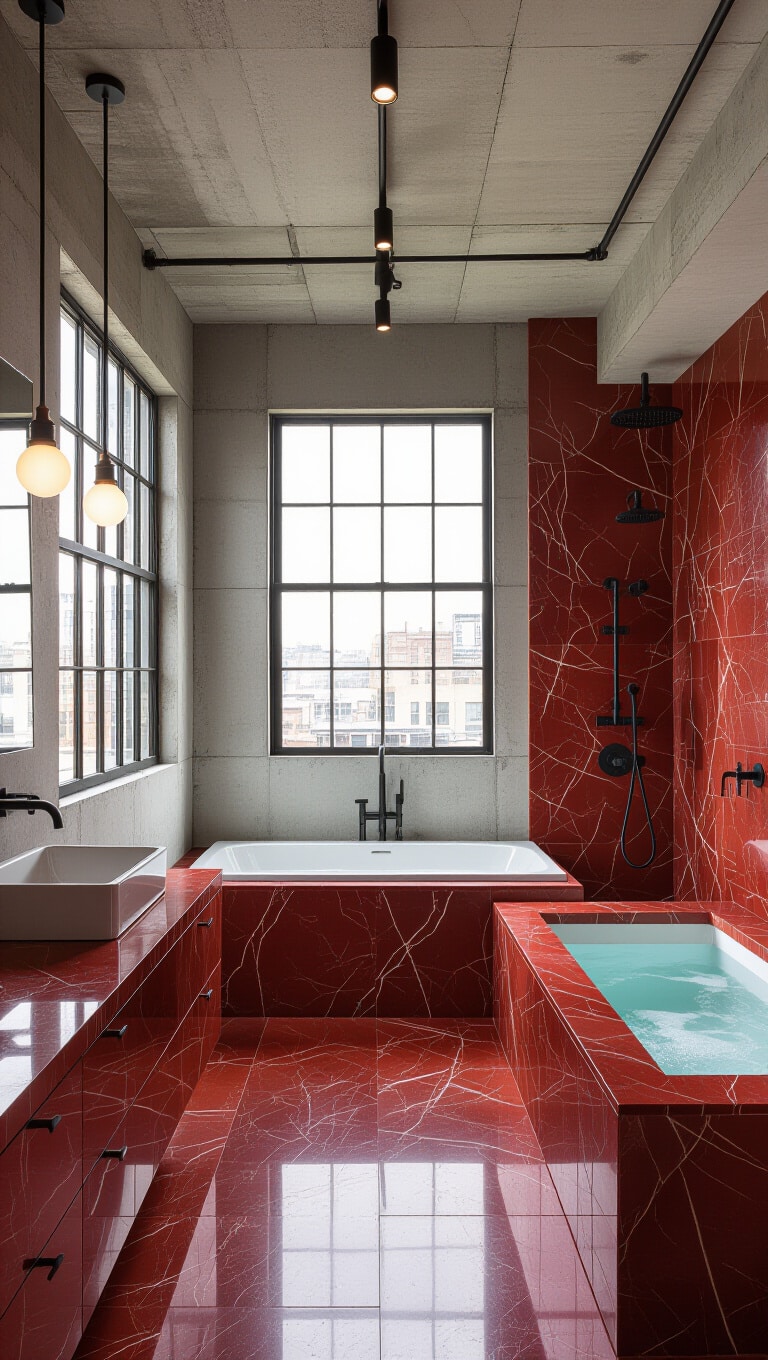 Industrial Red Marble Loft Bathroom