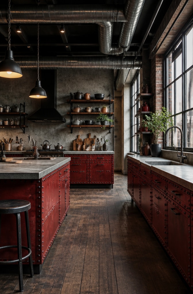 Industrial Red Steel Kitchen Cabinets