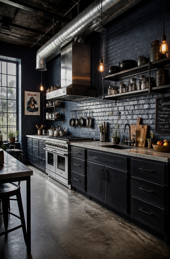 Industrial Slate Blue Brick Backsplash Kitchen