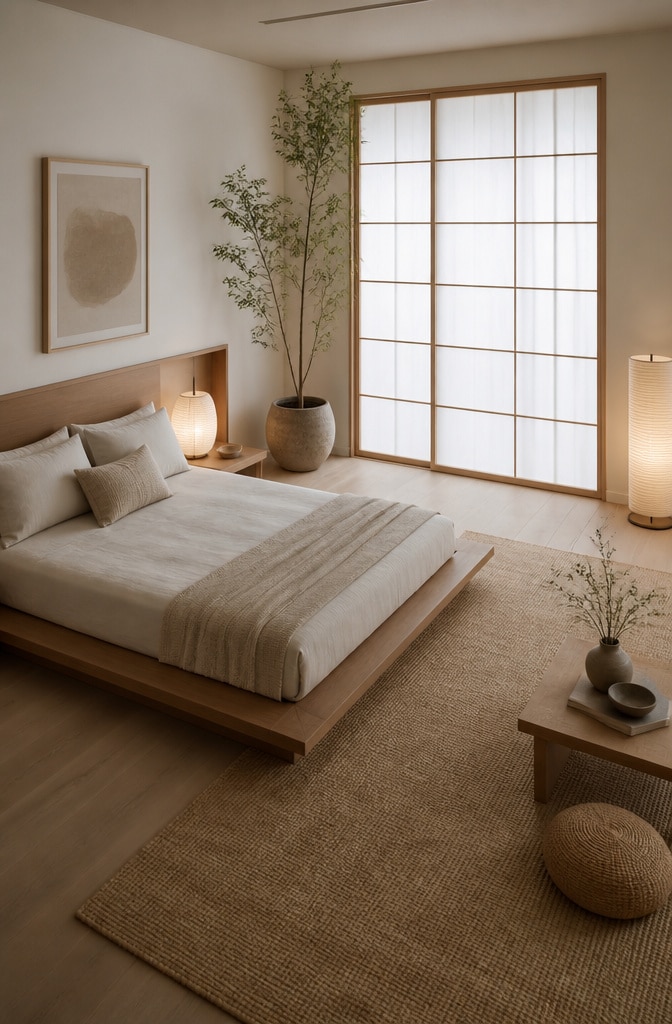 Japandi White and Beige Bedroom Harmony