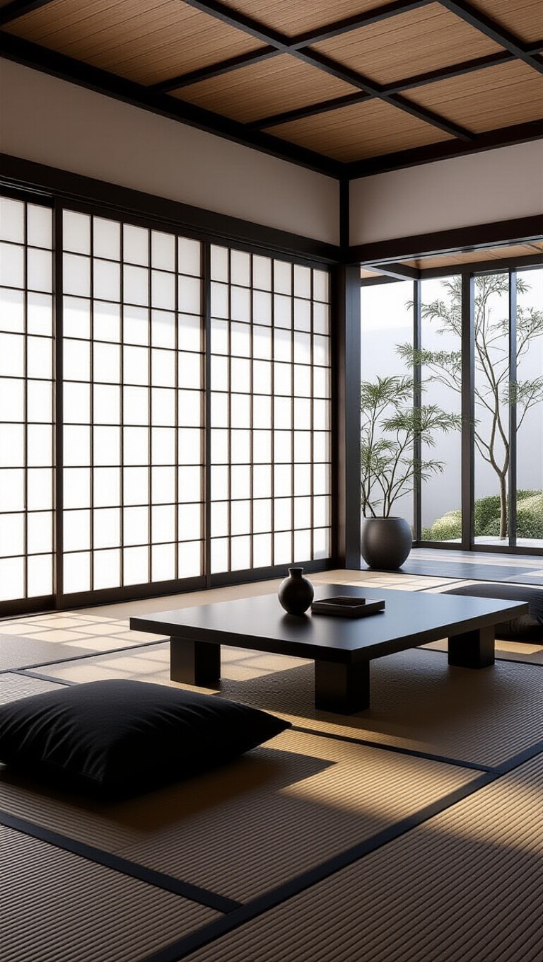 Japanese-Inspired Black Minimalist Living Room