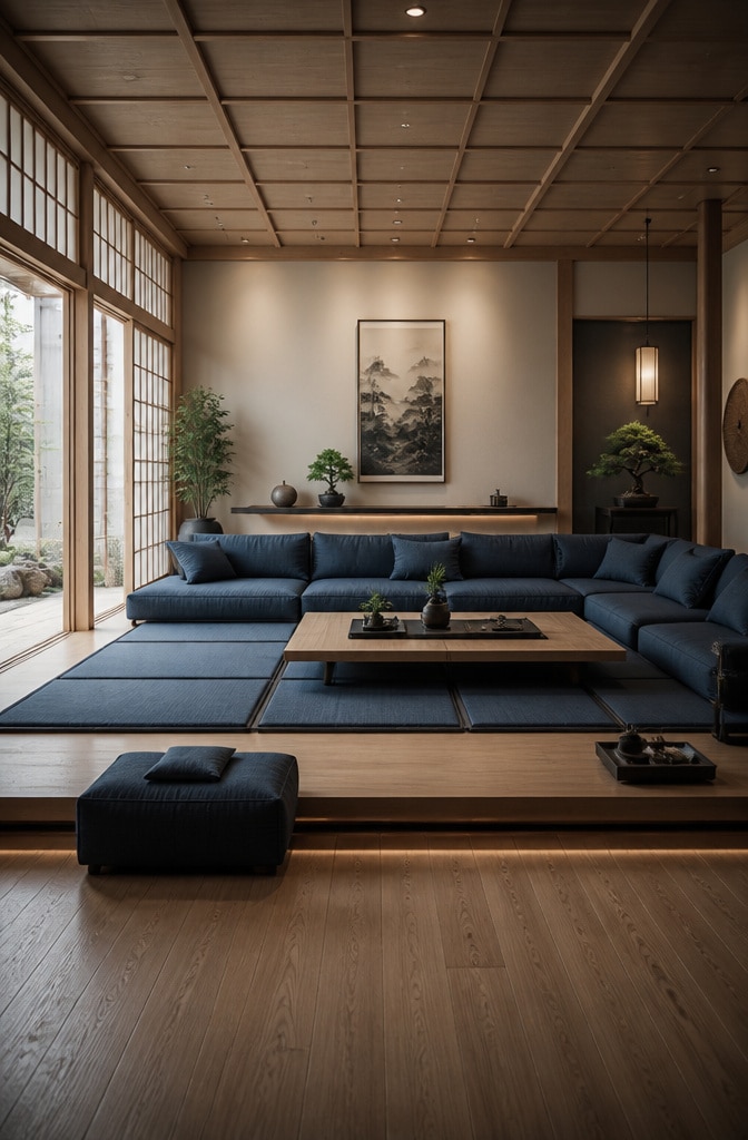 Japanese-Inspired Blue Zen Living Room