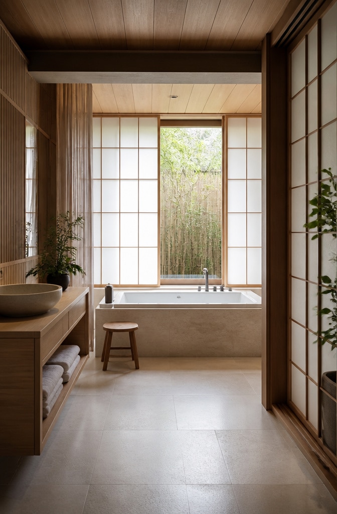 Japanese-Inspired Brown and White Bathroom Zen
