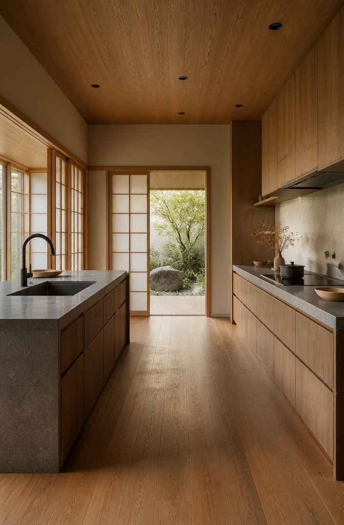 Japanese-Inspired Brown Wood Kitchen