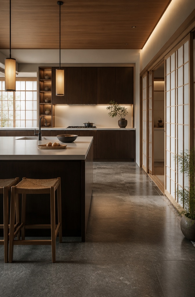 Japanese-Inspired Dark Brown and White Kitchen
