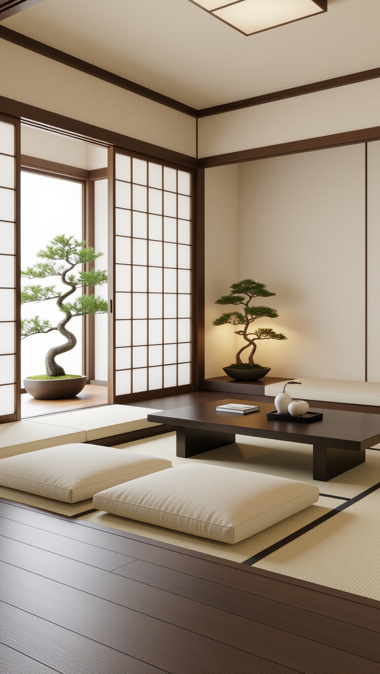 Japanese Zen Brown and Cream Living Room