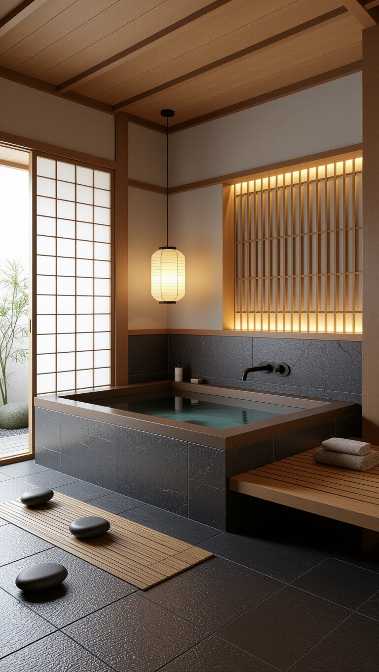 Japanese Zen Dark Brown Tile Bathroom