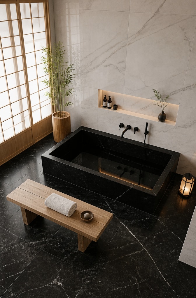 Japanese Zen-Inspired Black and White Marble Bathroom