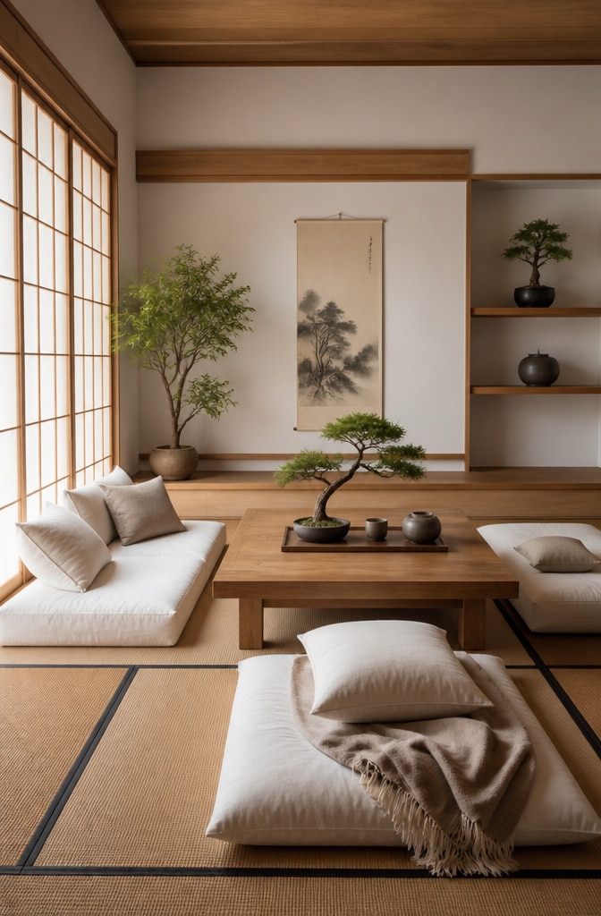 Japanese Zen White and Brown Living Room