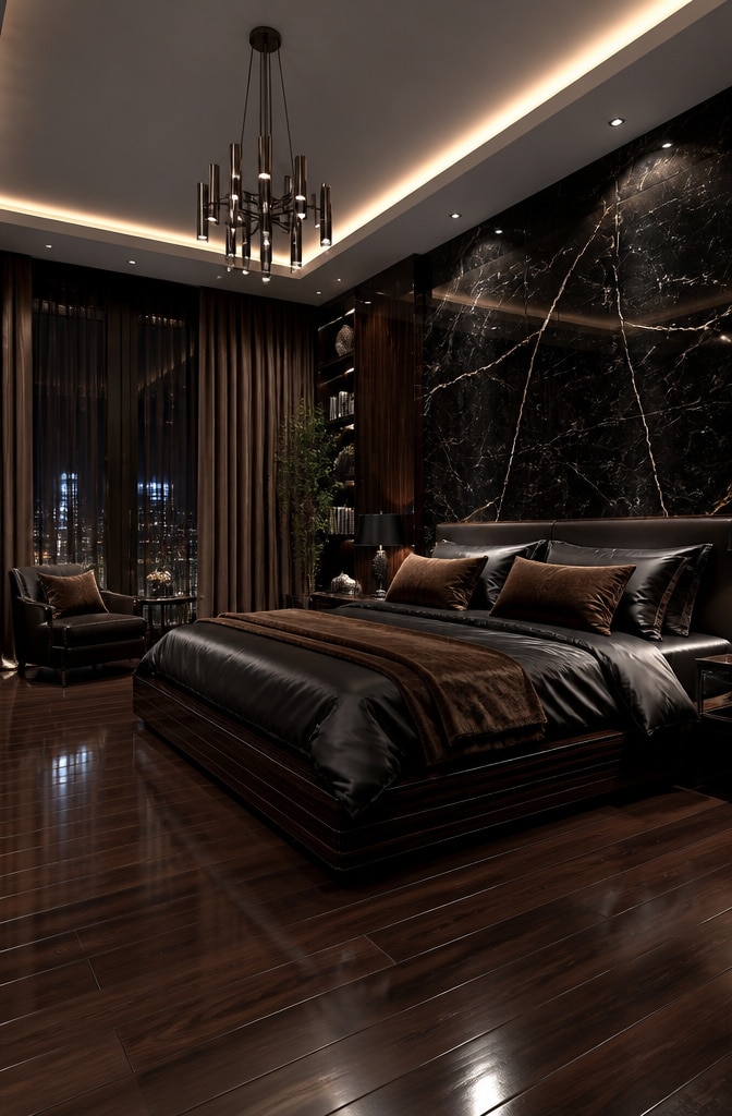 Luxurious Black Marble and Dark Brown Wood Bedroom