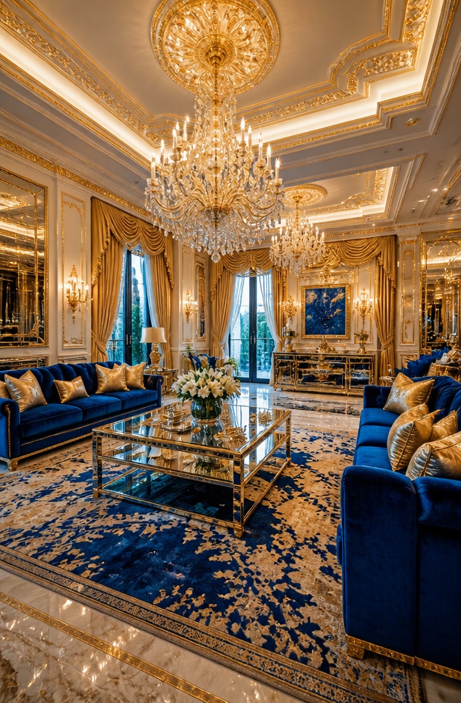 Luxurious Blue and Gold Glam Living Room