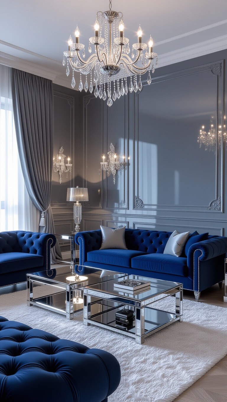 Luxurious Blue and Gray Glam Living Room