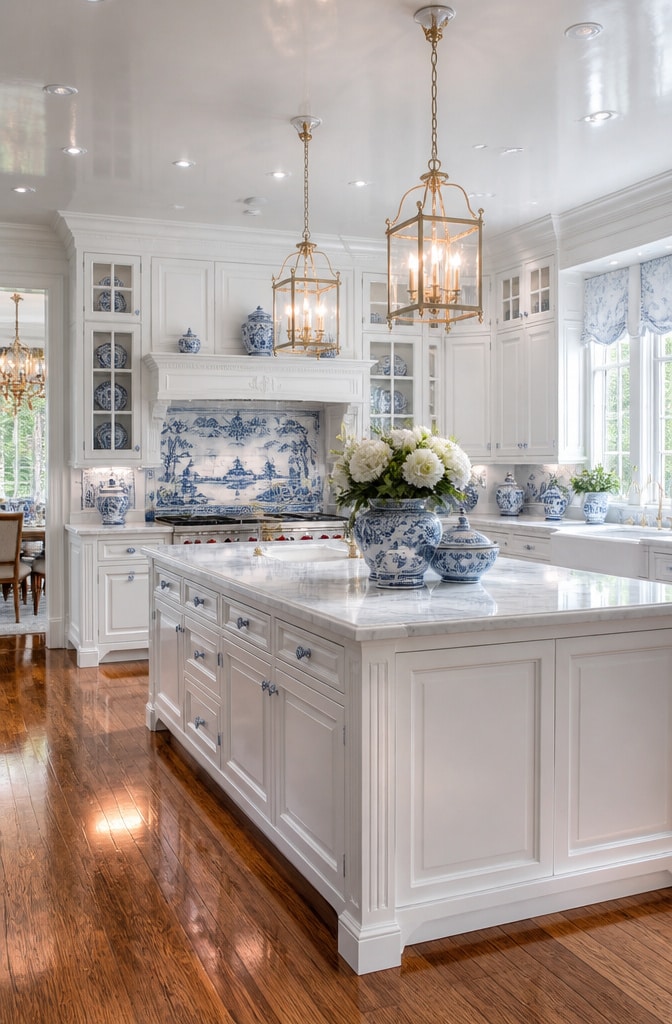 Luxurious Blue Willow Classic White Kitchen