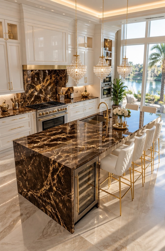 Luxurious Brown Marble Kitchen with Gold Accents