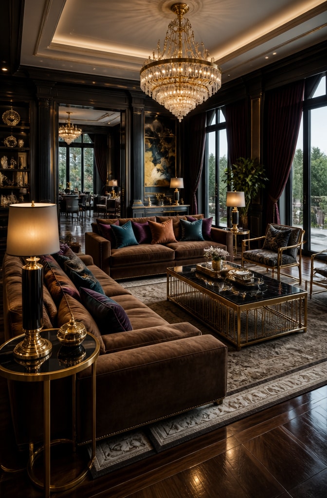 Luxurious Brown Suede and Gold Accents Living Room