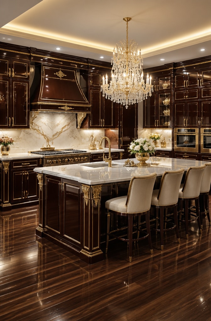 Luxurious Dark Brown and White Kitchen with Gold Details