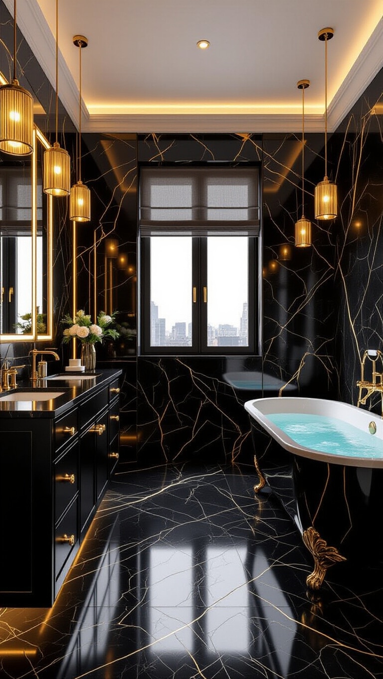 Luxurious Dark Marble Bathroom with Gold Accents