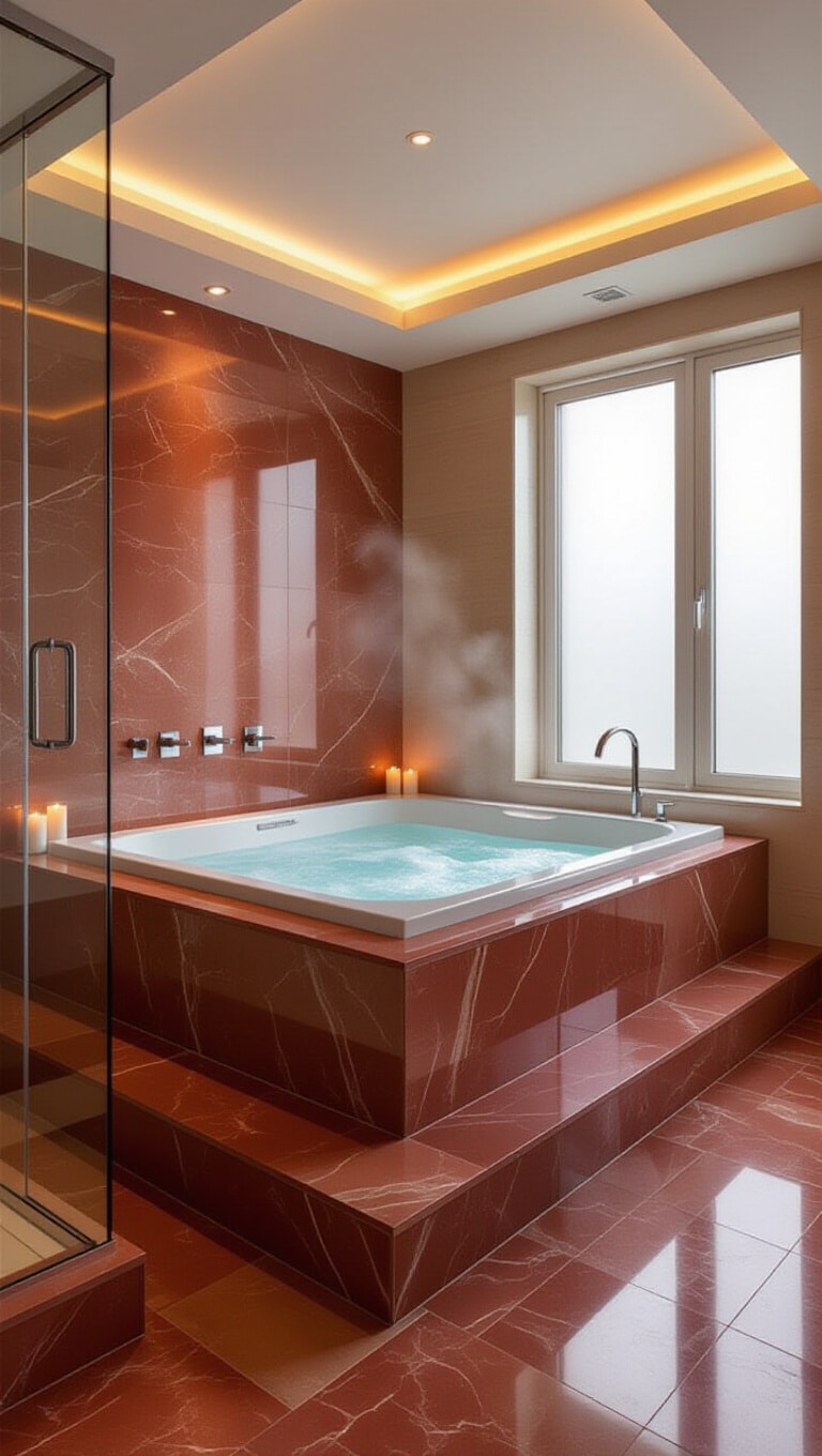 Luxurious Red Travertine Spa Bathroom