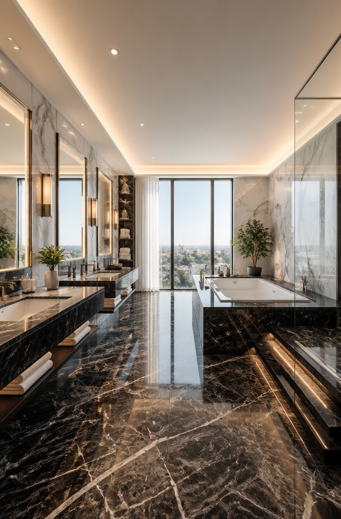 Luxurious Spa-Style Black and White Marble Bathroom
