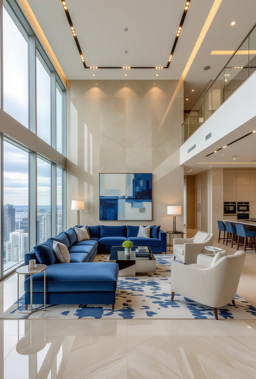 Luxury Blue and Beige Penthouse Living Room