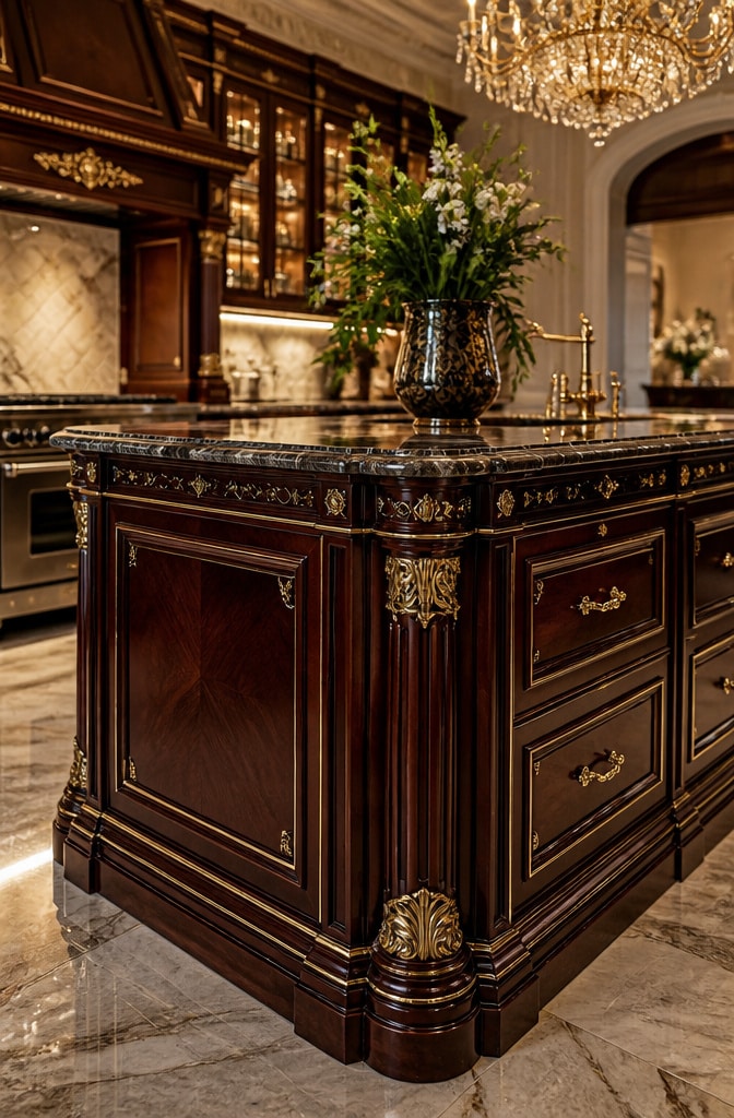 Luxury Brown Mahogany Kitchen Island with Gold Trim