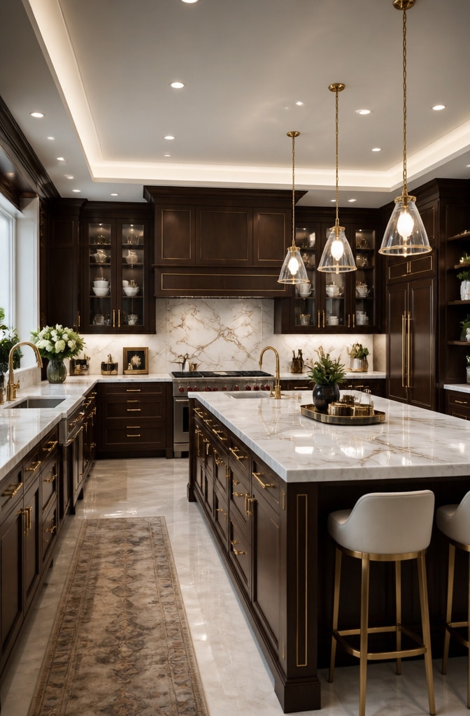 Luxury Brown Wood Kitchen with Marble Elements
