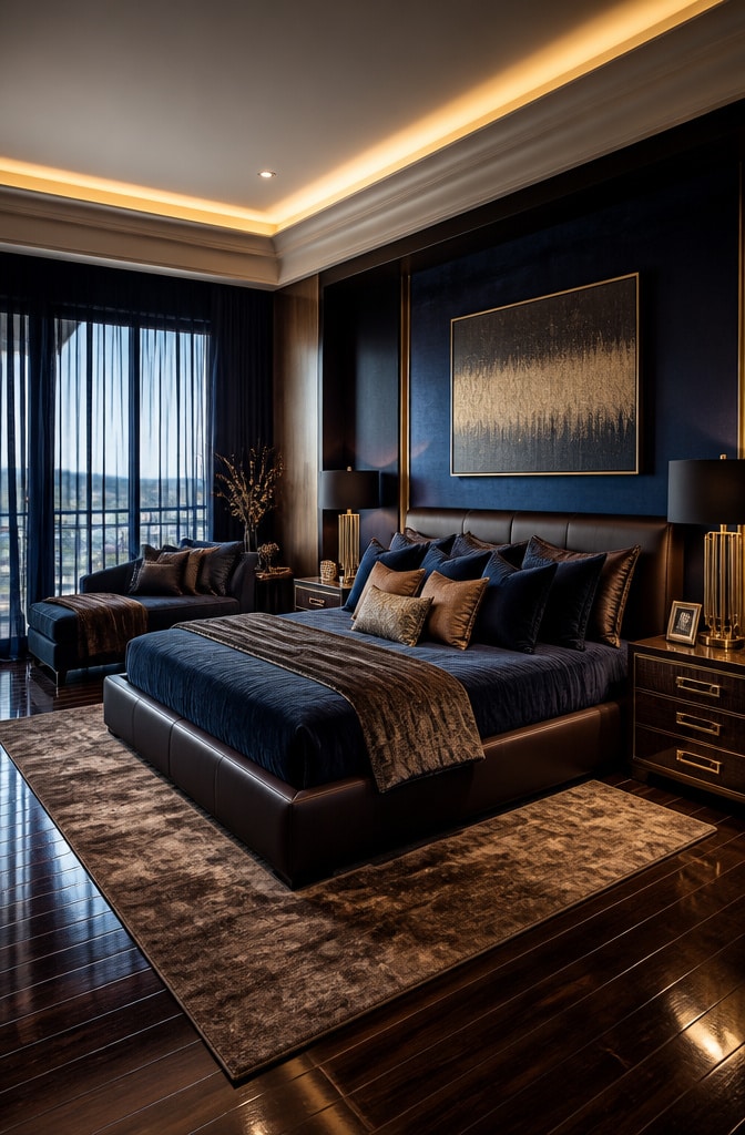 Luxury Contemporary Navy and Brown Bedroom