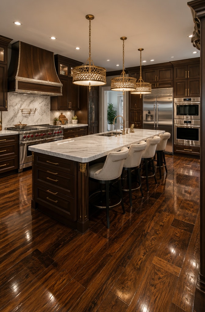 Luxury Gourmet Kitchen with Dark Brown Floors