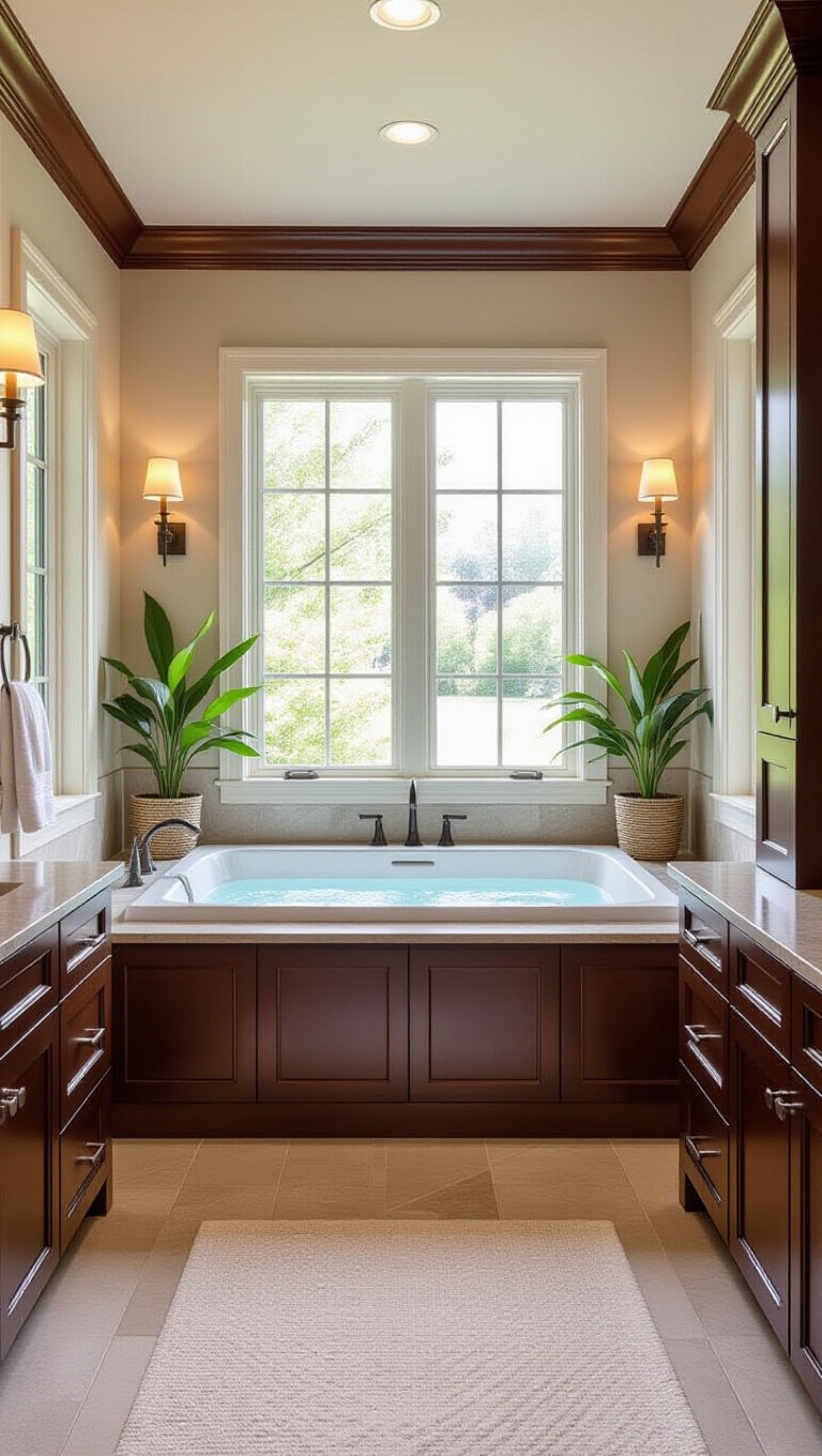 Luxury Spa Bathroom with Brown Cabinets