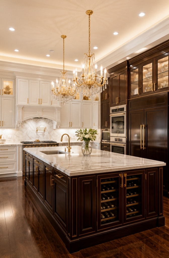 Luxury White and Brown Kitchen with Gold Accents