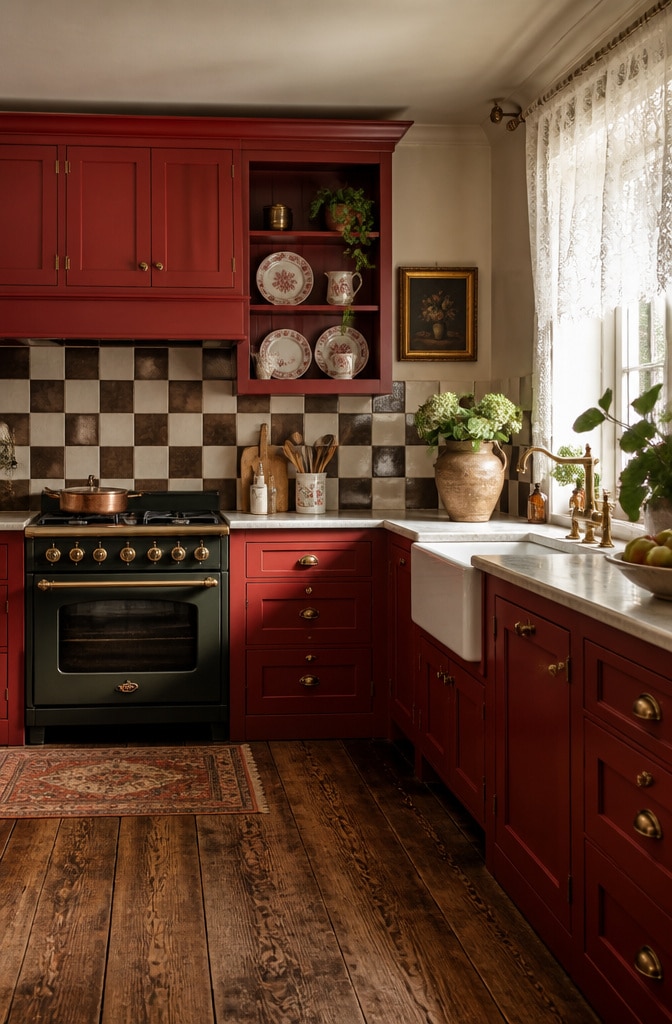 Matte Crimson Vintage Style Kitchen Cabinets