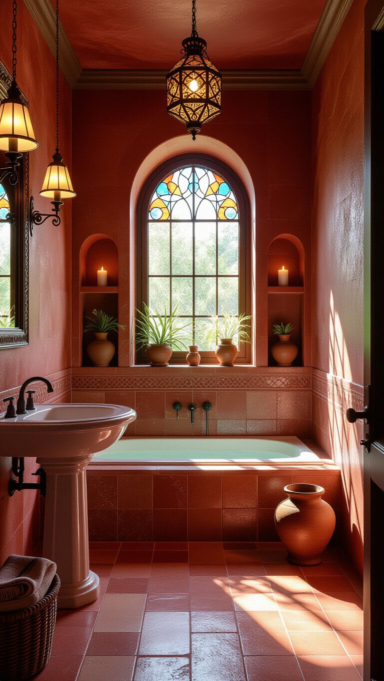 Mediterranean-Inspired Red Travertine Bathroom