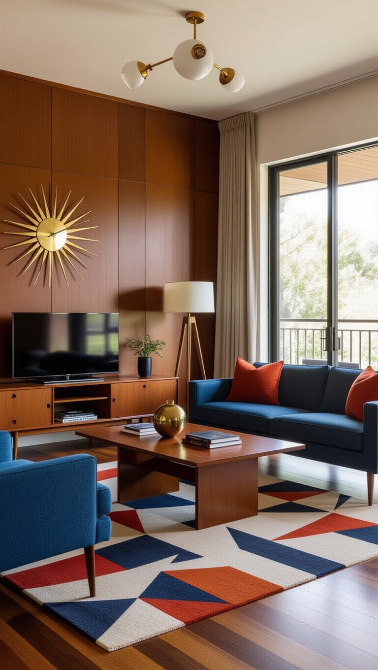 Mid-Century Blue and Rust Retro Living Room