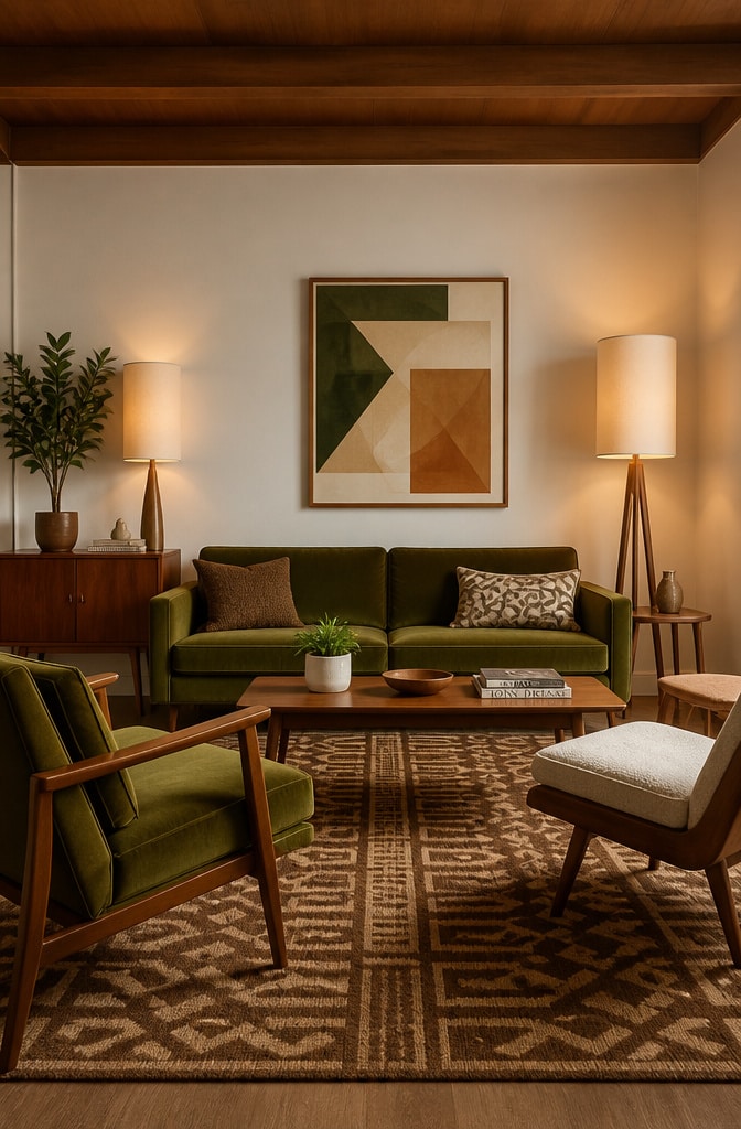 Mid-Century Brown and Green Living Room