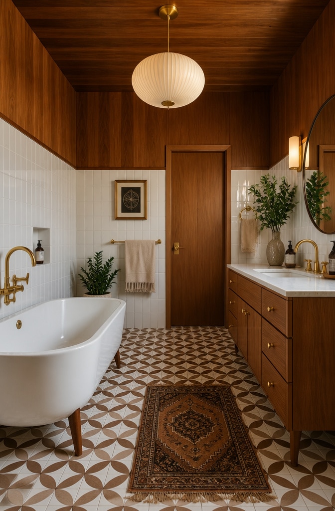 Mid-Century Brown and White Bathroom Oasis