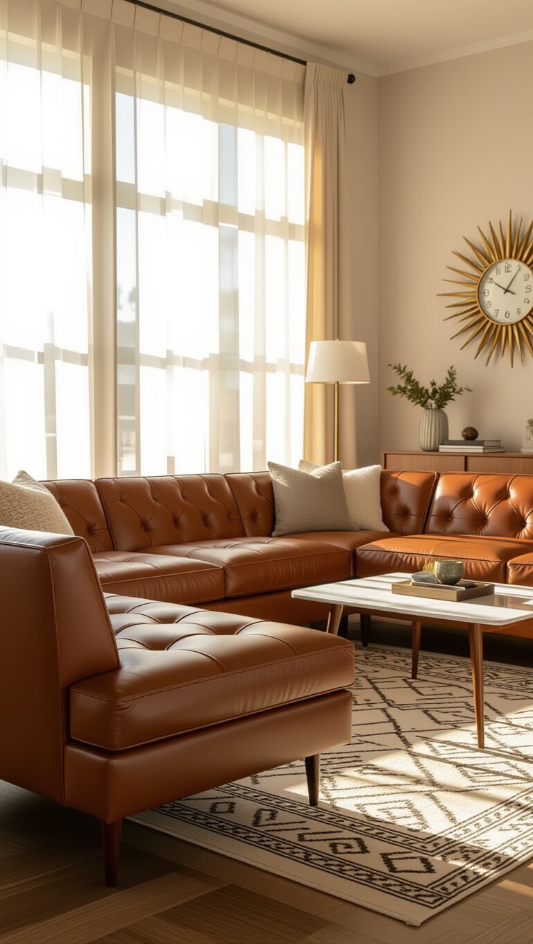 Mid-Century Brown Leather Sectional Lounge
