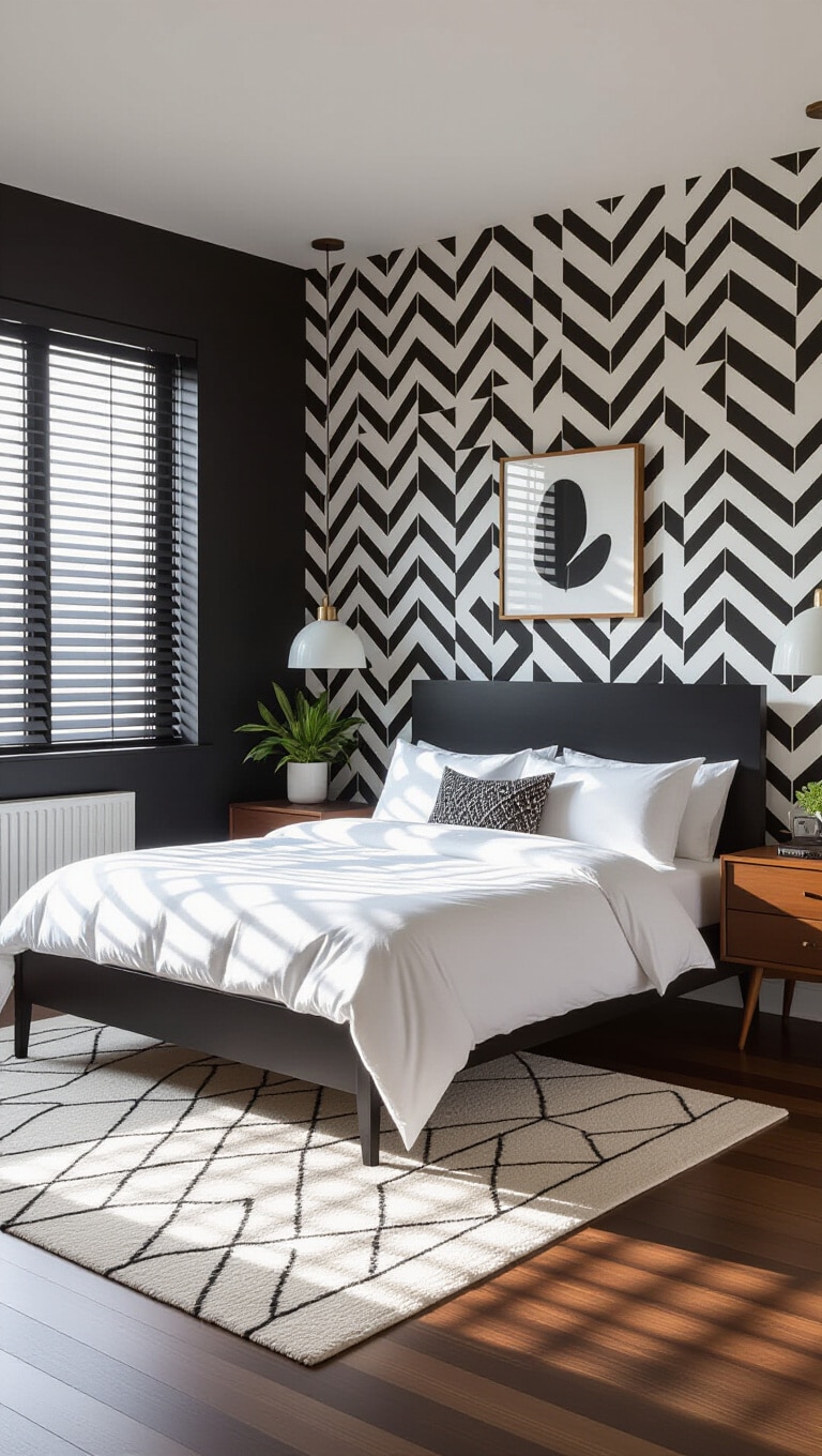 Mid-Century Modern Black and White Bedroom