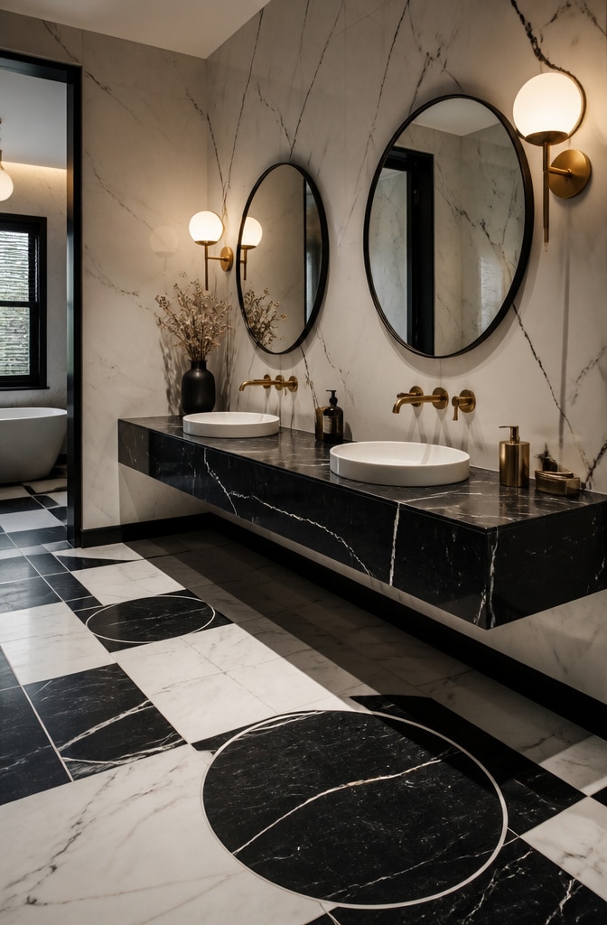 Mid-Century Modern Black and White Marble Bathroom