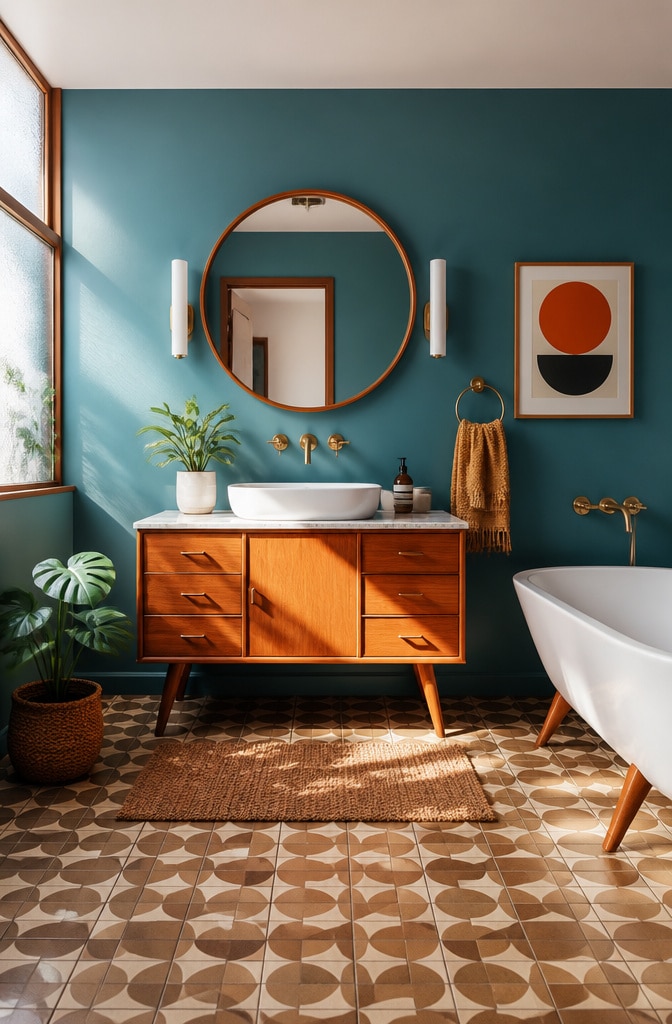 Mid-Century Modern Blue and Brown Bathroom