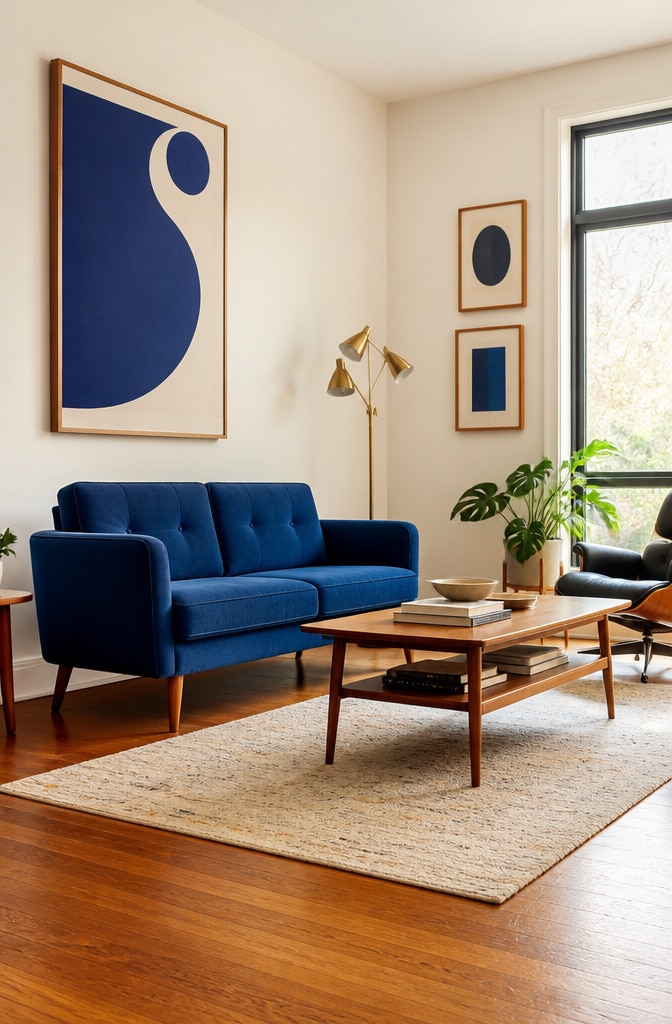 Mid-Century Modern Blue and Cream Lounge