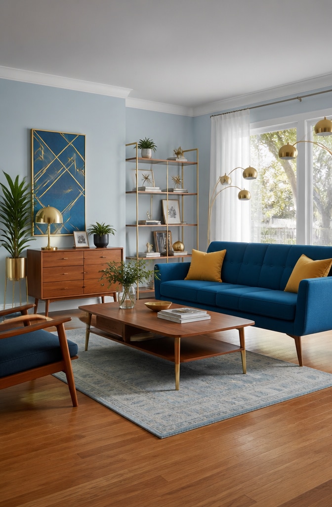 Mid-Century Modern Blue and Gold Living Room