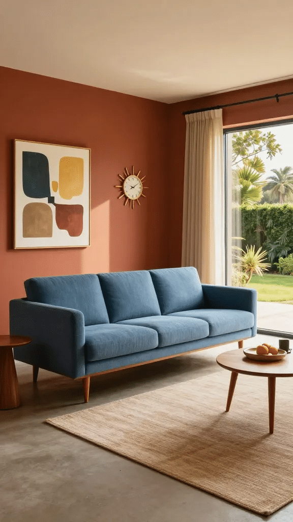 Mid-Century Modern Blue and Terracotta Living Room