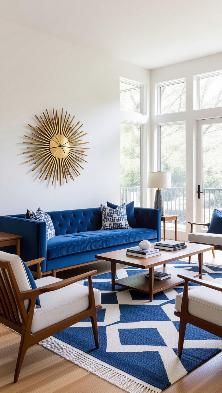 Mid-Century Modern Blue and White Living Room