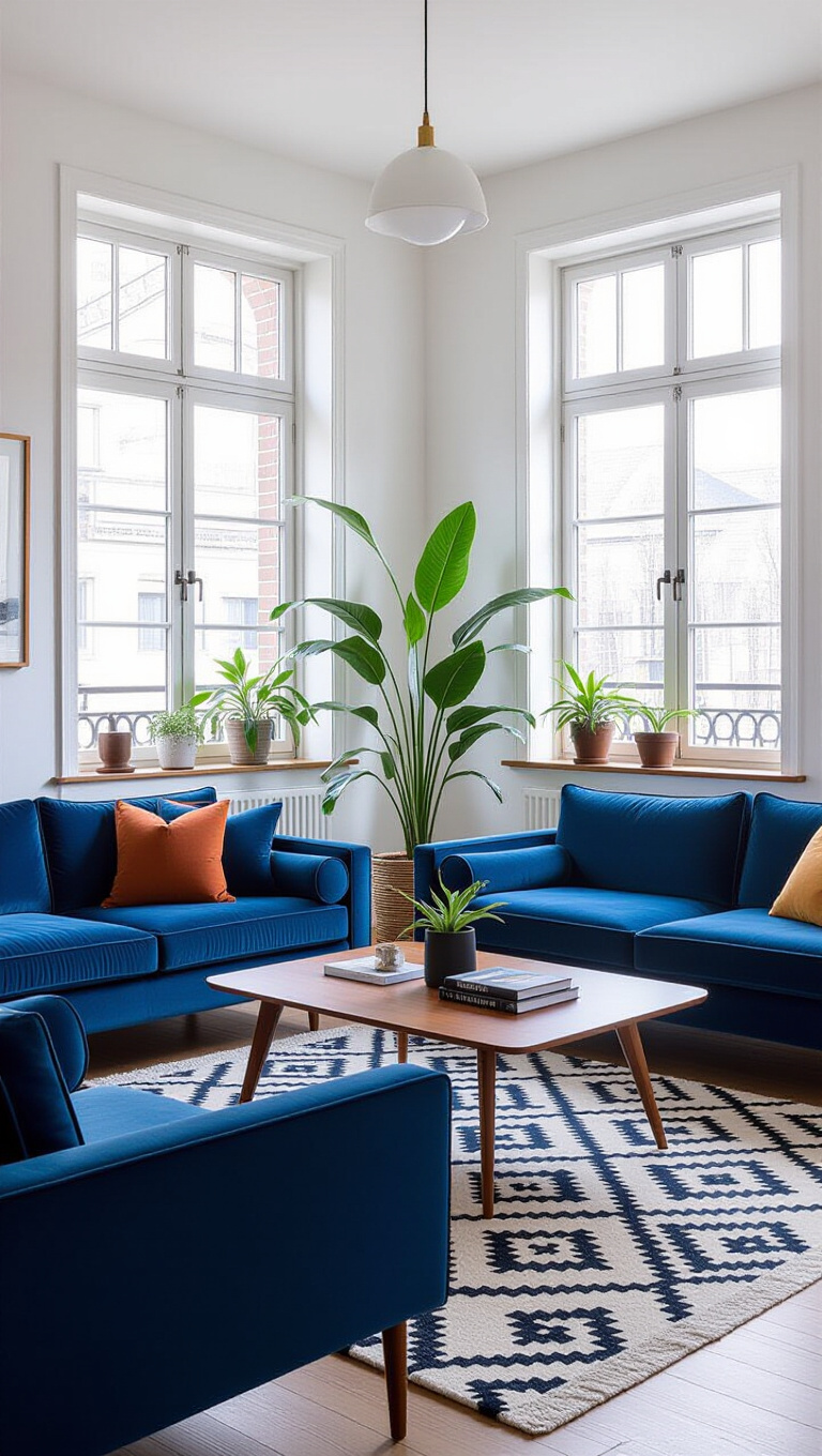 Mid-Century Modern Blue Velvet Living Room