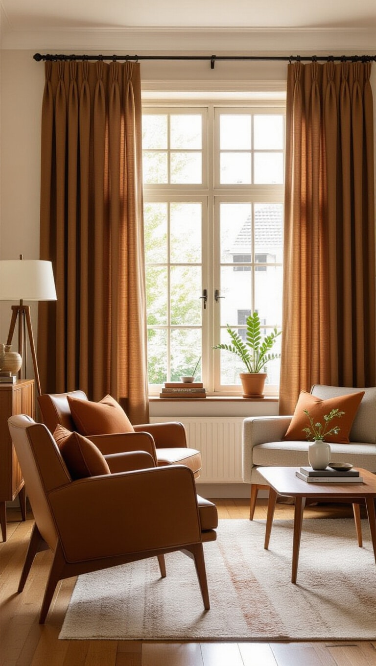 Mid-Century Modern Brown Drapes Living Room