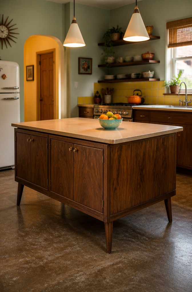 Mid-Century Modern Brown Kitchen Island
