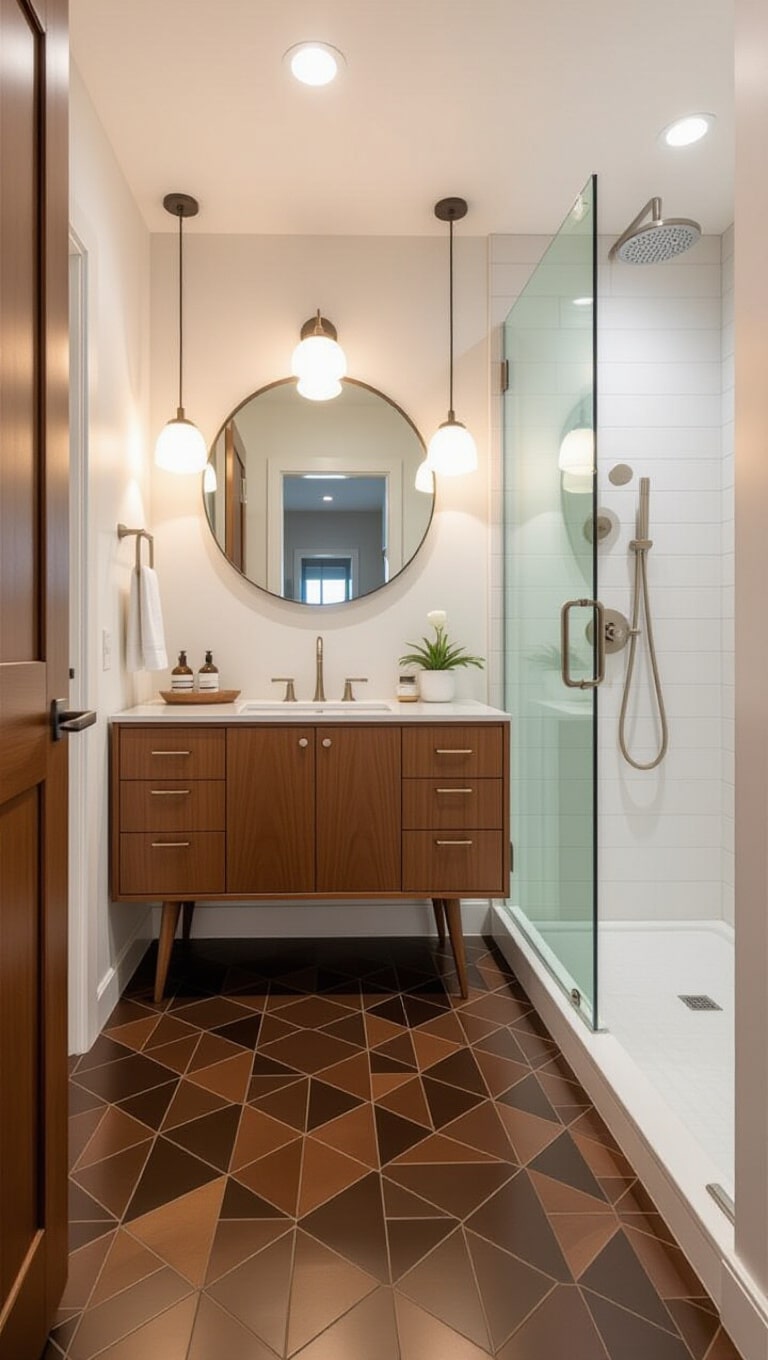 Mid-Century Modern Dark Brown Tile Bathroom