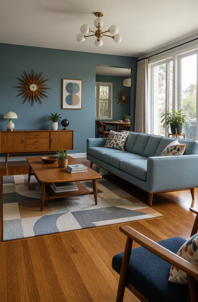 Mid-Century Modern Dusty Blue Living Room
