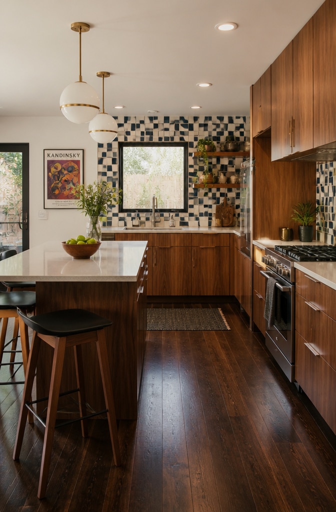 Mid-Century Modern Kitchen with Dark Brown Flooring